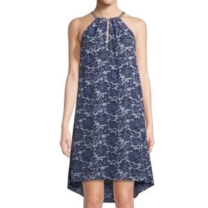 Michael Kors Floral Chain Neck Halter Shift Dress Navy Sz XL